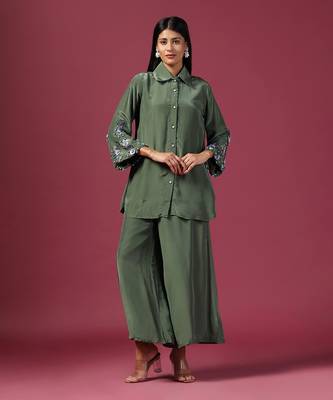 Teal green satin silk emroidery kurta set 1