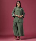 Teal green satin silk emroidery kurta set