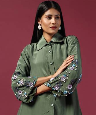 Teal green satin silk emroidery kurta set 2