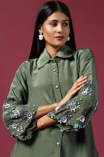 Teal green satin silk emroidery kurta set