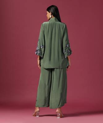 Teal green satin silk emroidery kurta set 3