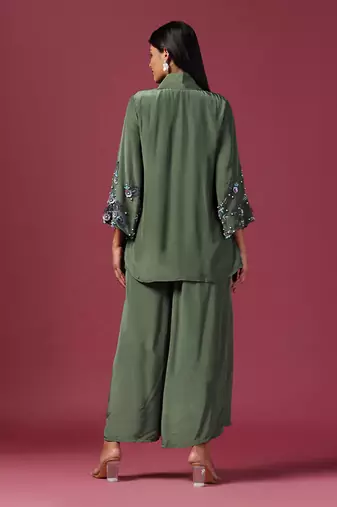 Teal green satin silk emroidery kurta set