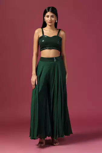 Bottle green georgette emroidery palazzo set