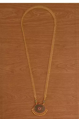Golden Long necklace with Oval Emerald pendant one gram gold