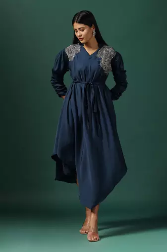 Navy blue silk emroidery kurta set