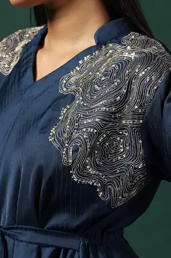 Navy blue silk emroidery kurta set