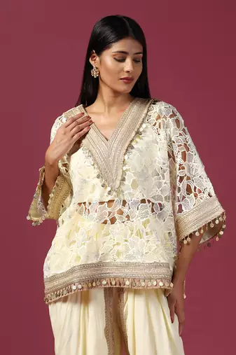 Aqua blue organza emroidery kaftan set