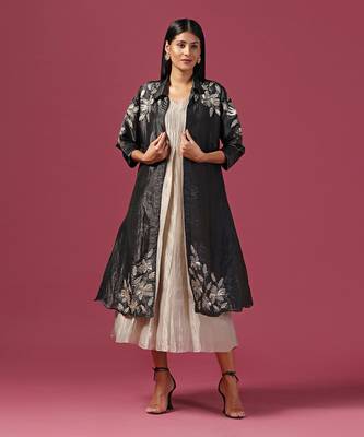 Gold georgette embroidery  sequin dress with cape 1
