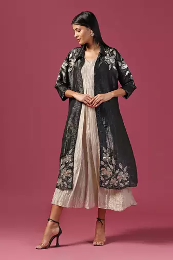 Gold georgette embroidery  sequin dress with cape