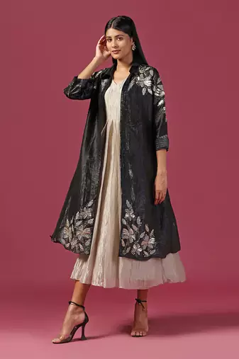 Gold georgette embroidery  sequin dress with cape