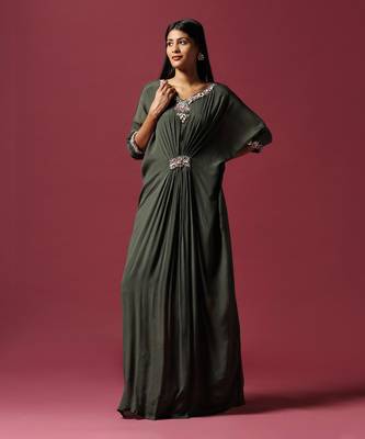 Green chiffon embroidery  draped gown 1