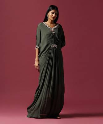 Green chiffon embroidery  draped gown 2