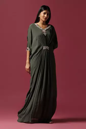 Green chiffon embroidery  draped gown