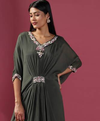 Green chiffon embroidery  draped gown 3