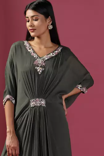 Green chiffon embroidery  draped gown