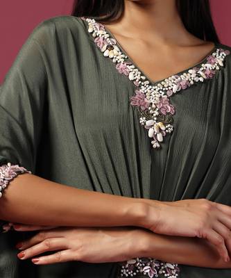 Green chiffon embroidery  draped gown 4