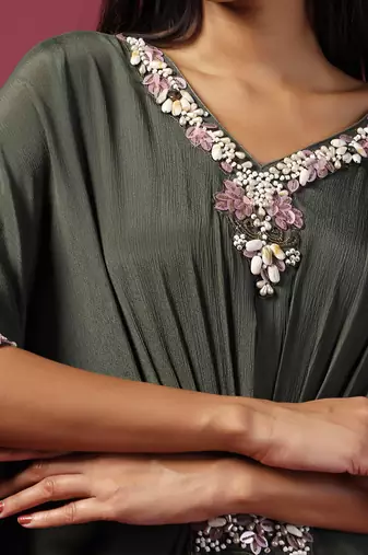 Green chiffon embroidery  draped gown