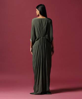 Green chiffon embroidery  draped gown 5