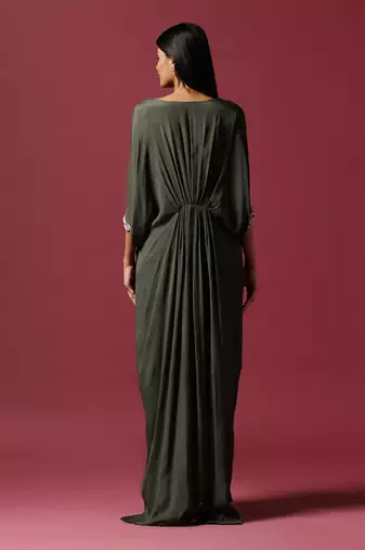 Green chiffon embroidery  draped gown