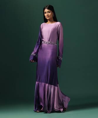 Purple georgette embroidery pearl round neck sleeve dress 1