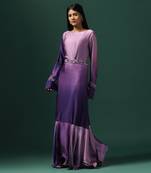 Purple georgette embroidery pearl round neck sleeve dress