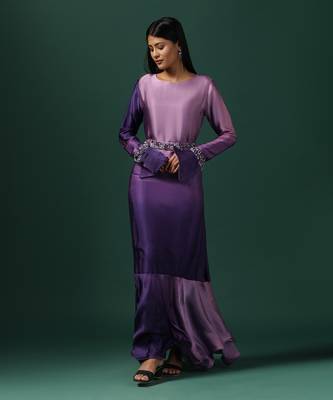 Purple georgette embroidery pearl round neck sleeve dress 2