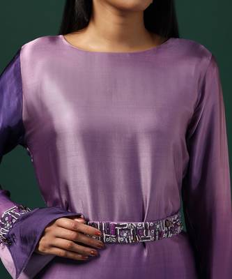 Purple georgette embroidery pearl round neck sleeve dress 3