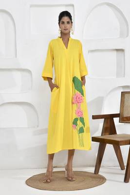 Yellow lotus embroidery shirt dress 1