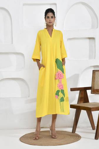 Yellow lotus embroidery shirt dress