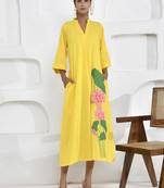 Yellow lotus embroidery shirt dress