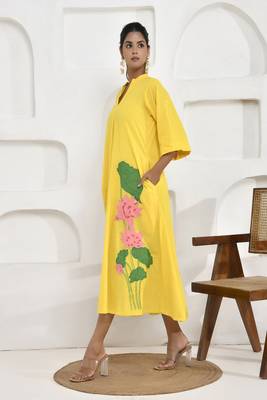 Yellow lotus embroidery shirt dress 2
