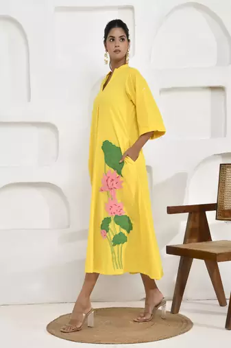 Yellow lotus embroidery shirt dress