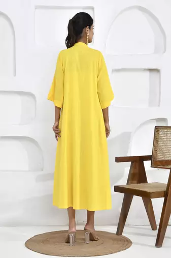 Yellow lotus embroidery shirt dress