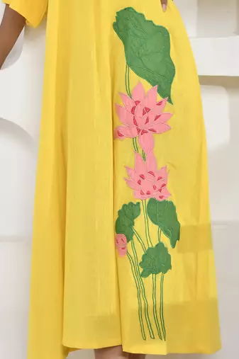 Yellow lotus embroidery shirt dress