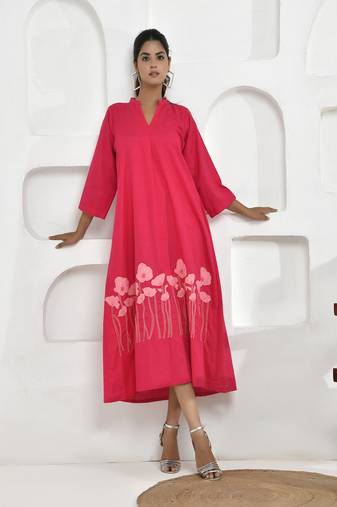Poppy embroidery shirt dress in fuchsia pink