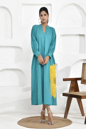 Turquoise sunflower embroidery shirt dress