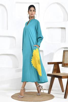 Turquoise sunflower embroidery shirt dress 2
