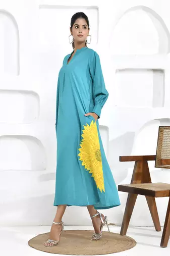 Turquoise sunflower embroidery shirt dress
