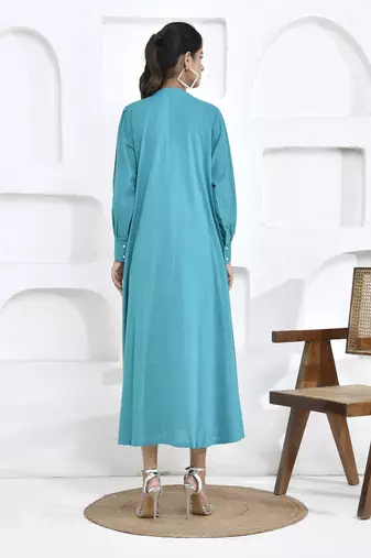 Turquoise sunflower embroidery shirt dress