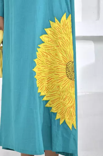 Turquoise sunflower embroidery shirt dress