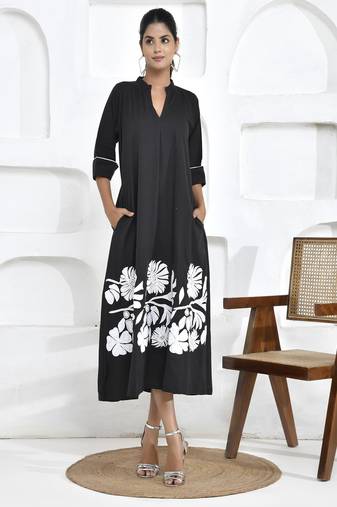 Bold black floral embroidered shirt dress