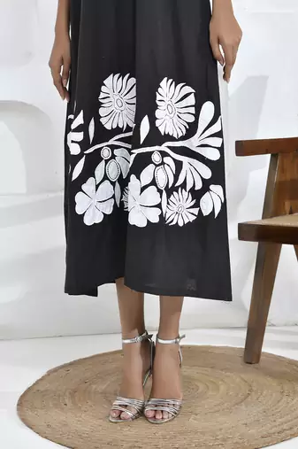Bold black floral embroidered shirt dress