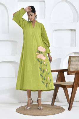 Lime green floral embroidery shirt dress 1