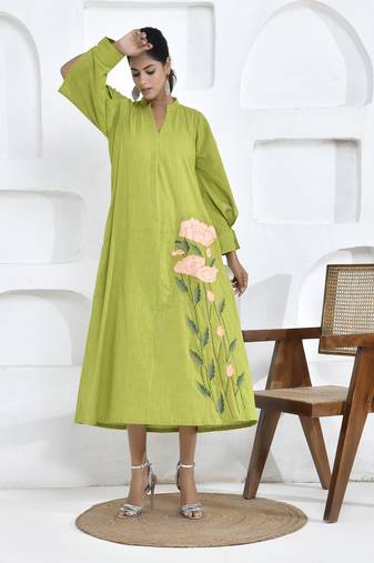 Lime green floral embroidery shirt dress
