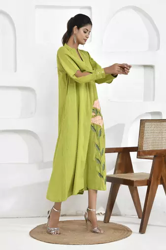 Lime green floral embroidery shirt dress