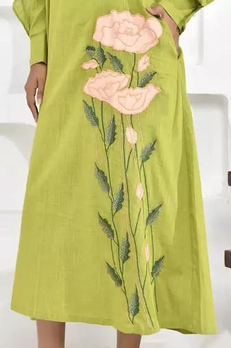 Lime green floral embroidery shirt dress