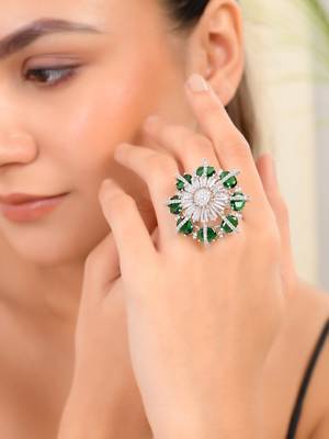 Green american daimond & silver plated adjustable  ring 1