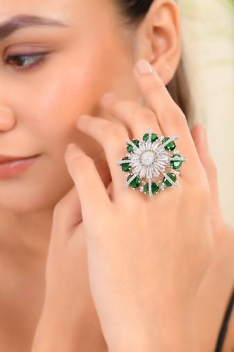 Green american daimond & silver plated adjustable  ring