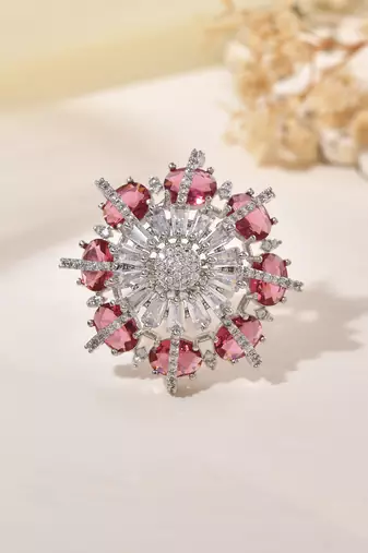 Red american daimond & silver plated adjustable  ring