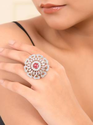 Red american daimond & silver plated hart adjestable ring 1